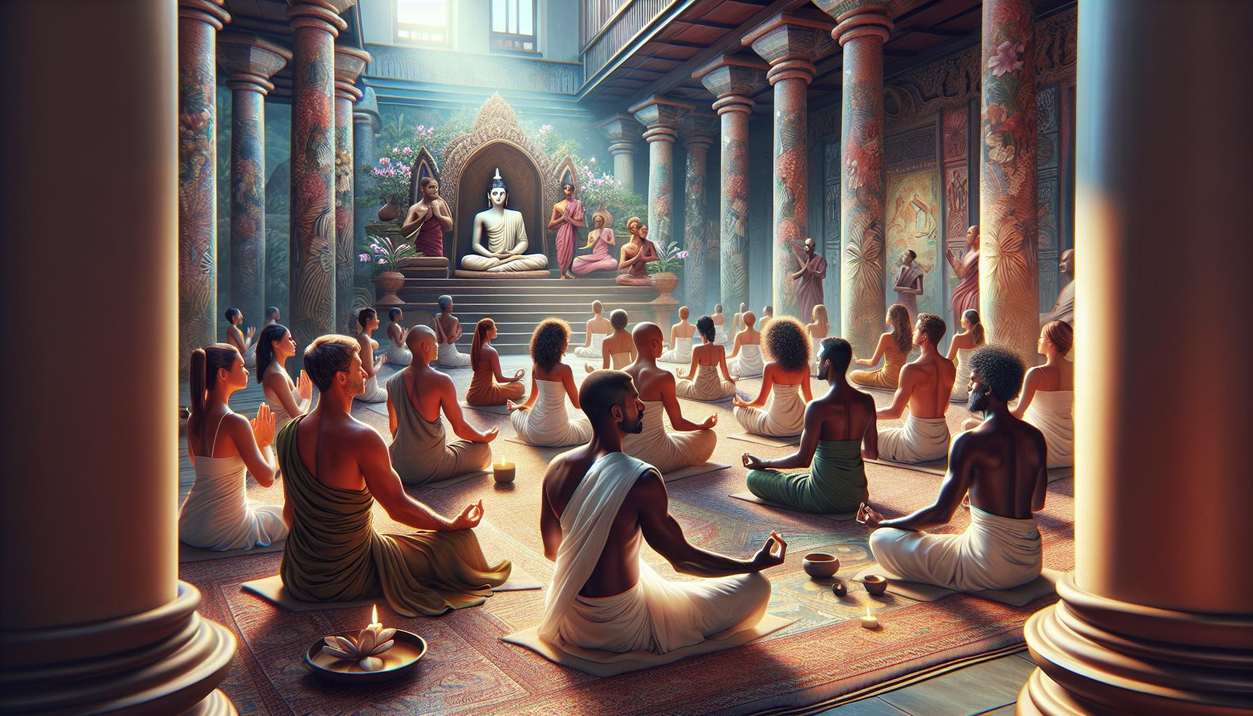 Buddhist Meditation Gathering in Ornate Temple Setting