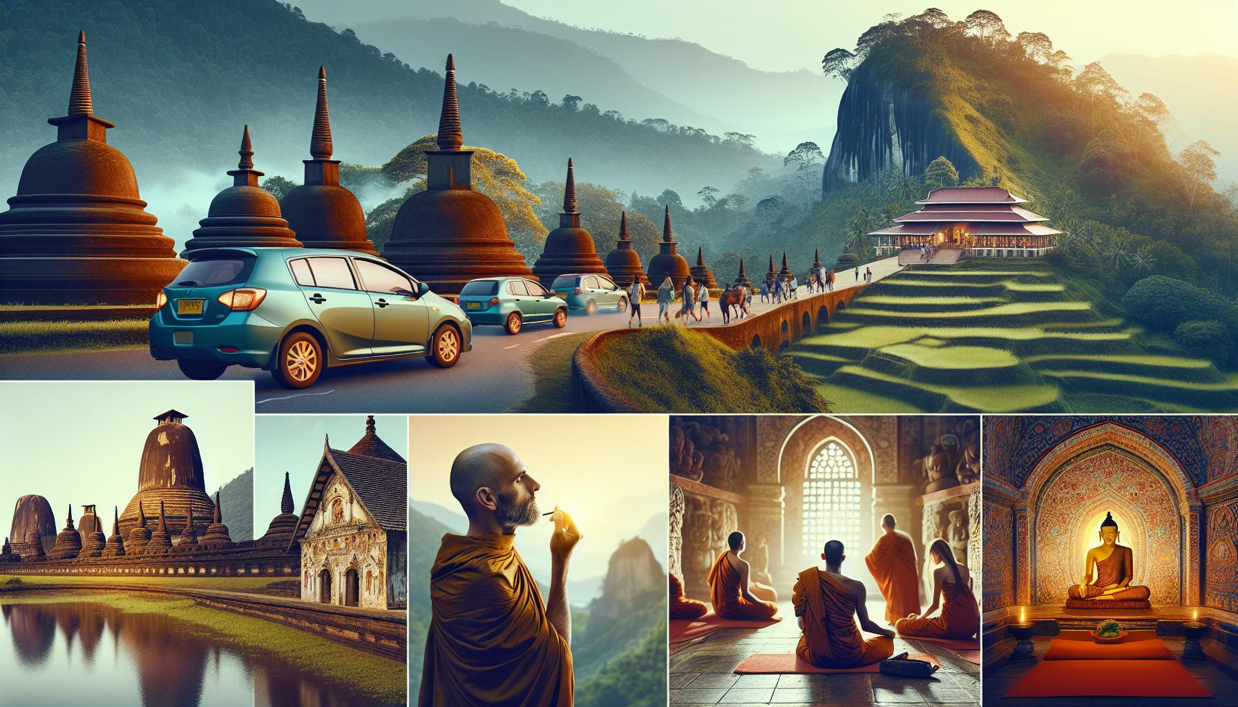 BuddhistTemplesAndMonksInScenicLandscape