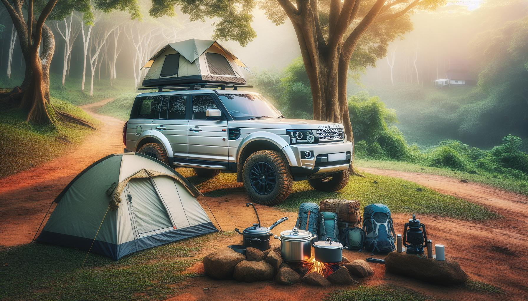 Camping Adventure with SUV and Gear in Serene Forest Setting