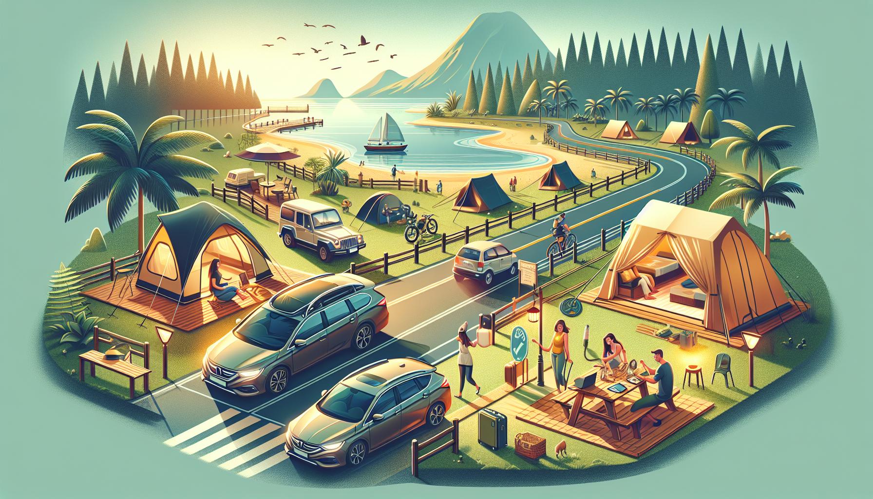 Camping by the lakeside with tents, cars, and outdoor activities