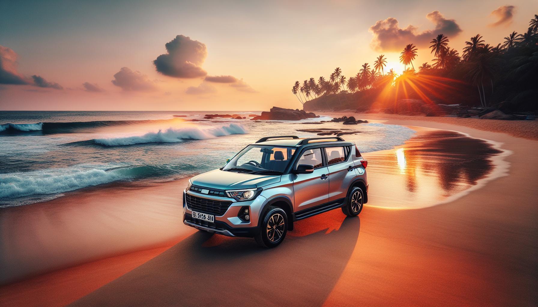Car on a beach at sunset