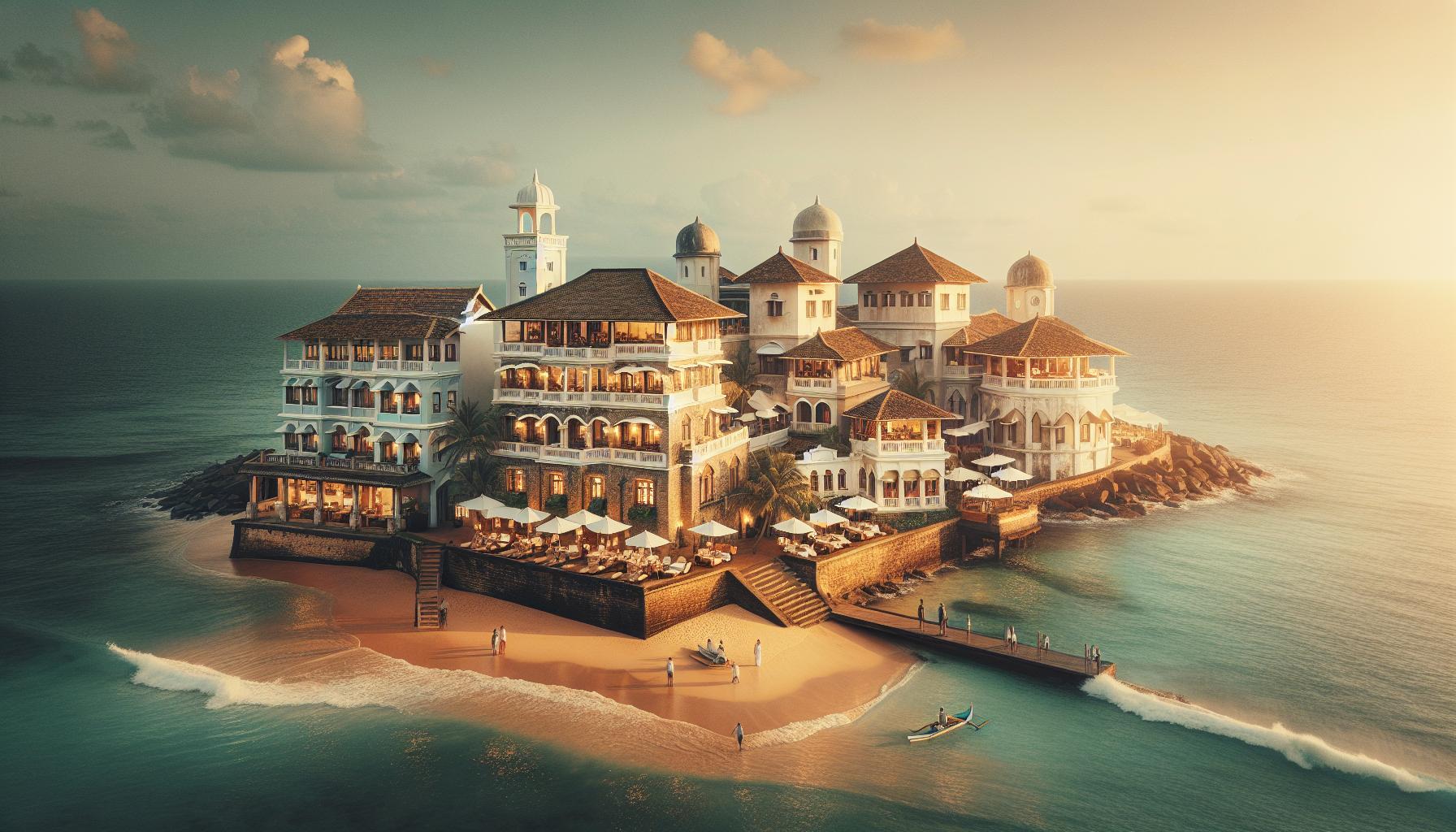 Coastal resort at sunset with beachfront dining and boats