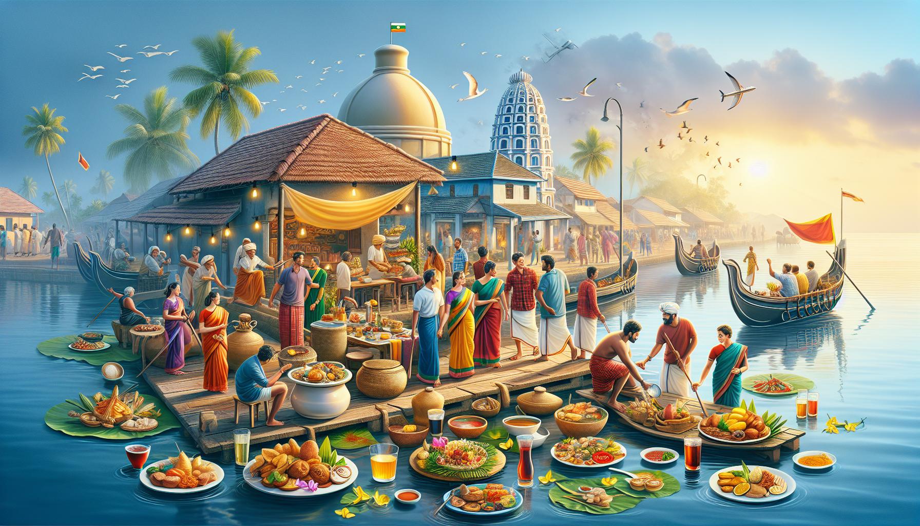 Cultural celebration with food and festivities by the water in a vibrant village setting