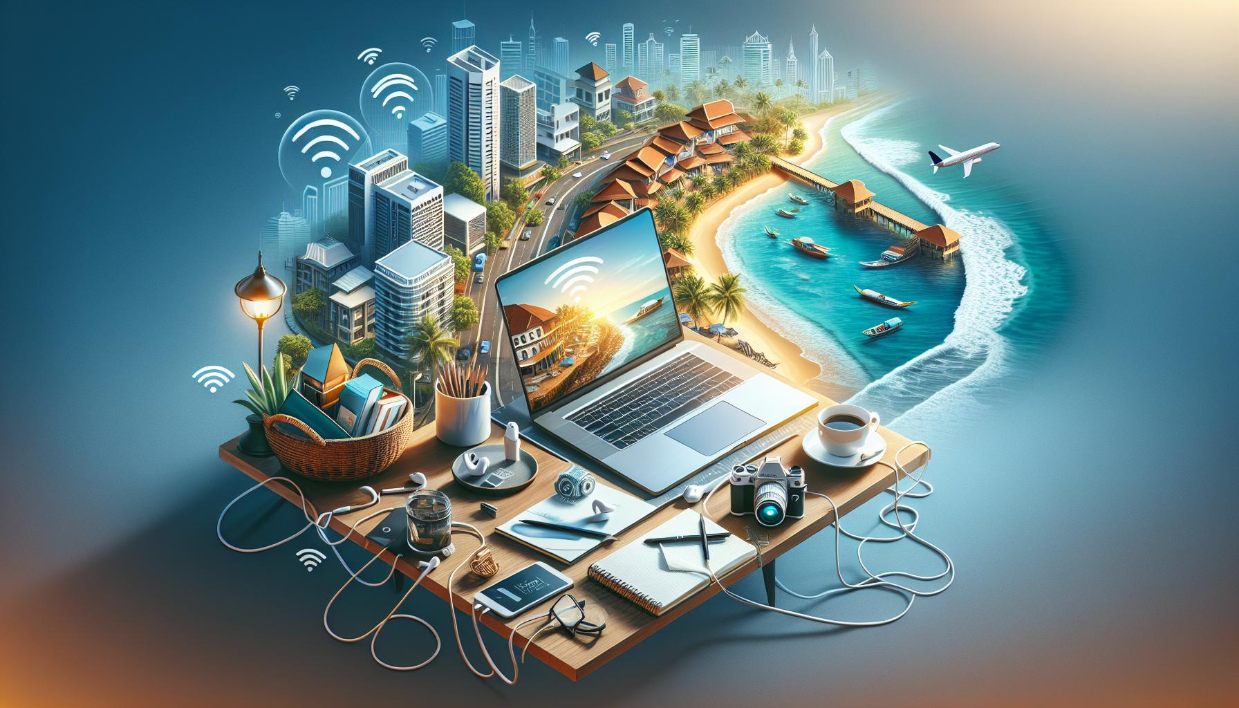 Digital Nomad Workspace with Coastal View and Technology Elements