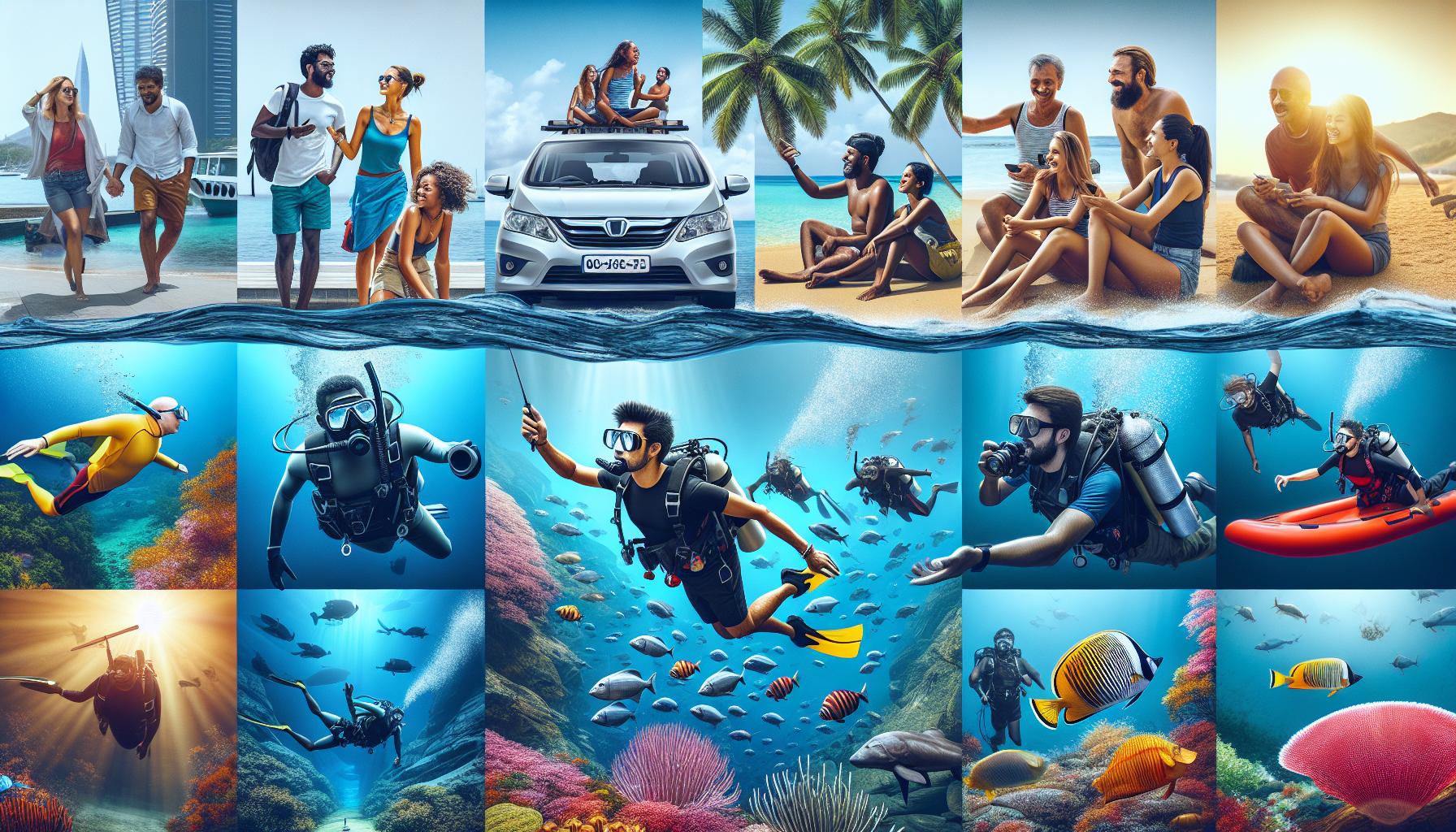 Diverse beach and underwater activities with friends and family in a tropical setting