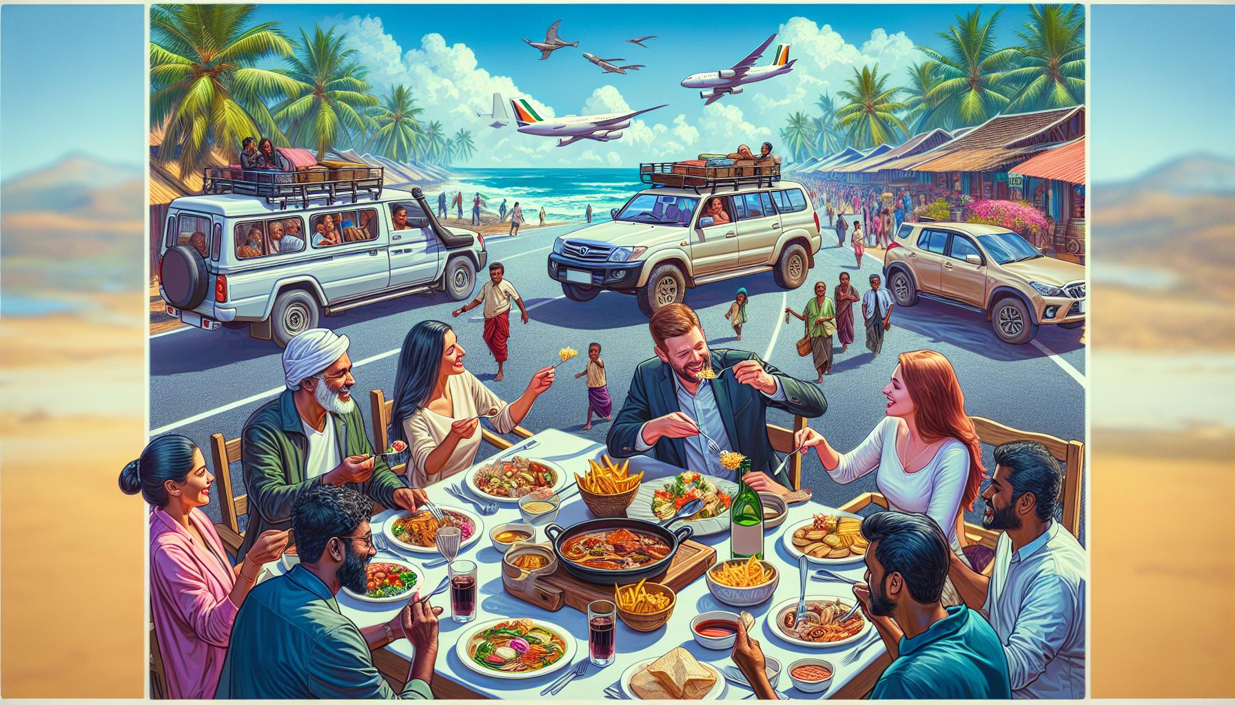 Diverse group enjoying a lavish meal amidst a vibrant beachside scene with cars and airplanes in the background