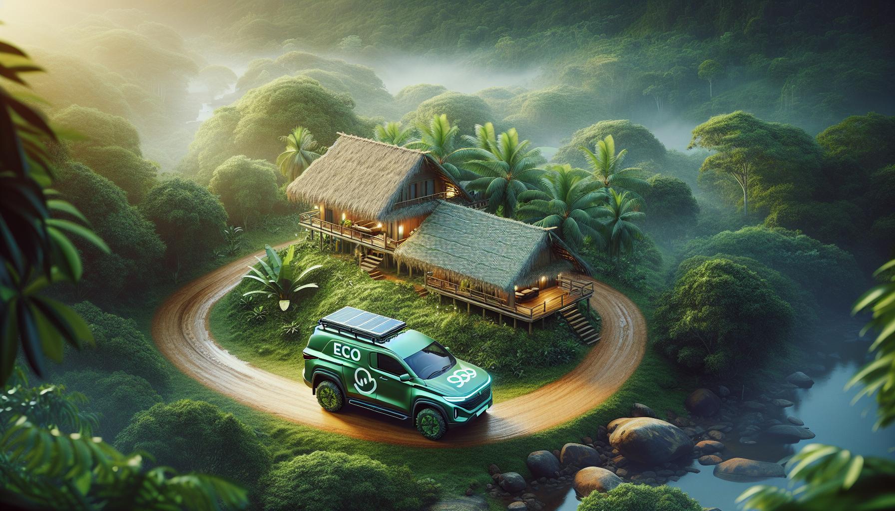 Eco-Friendly Vehicle Near Tropical Cabins in Lush Jungle Setting