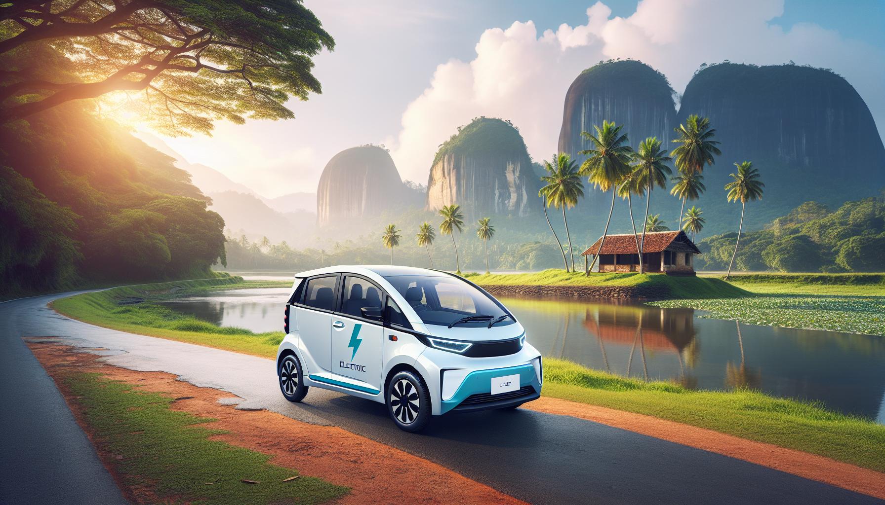 Electric Car in Scenic Landscape with Palm Trees and Mountains