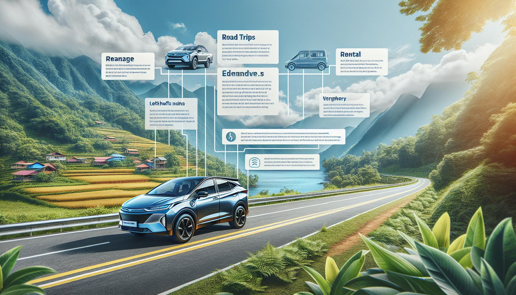 Electric Vehicle Road Trip Guide with Scenic Landscape and Information Bubbles