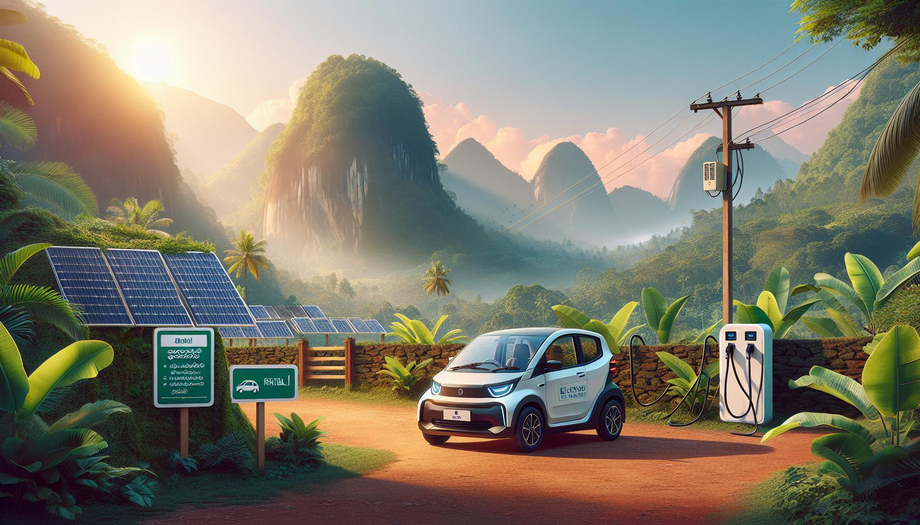 Electric car at charging station in a scenic landscape with solar panels and mountains
