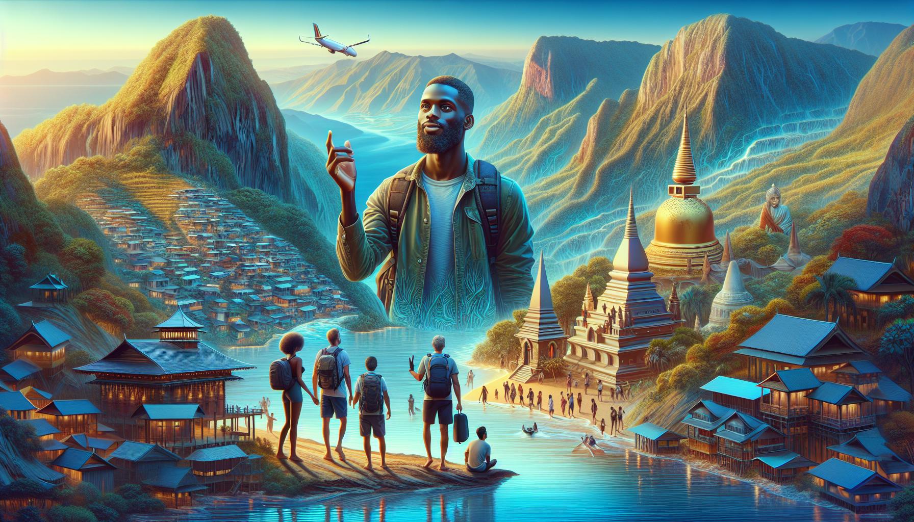 Exploring a Vibrant Landscape with Travelers and Cultural Landmarks