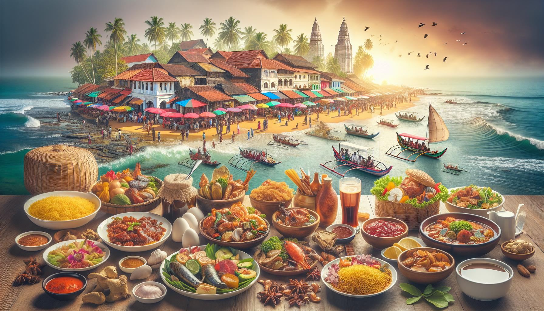 Exquisite Coastal Cuisine with Vibrant Market Scene at Sunset