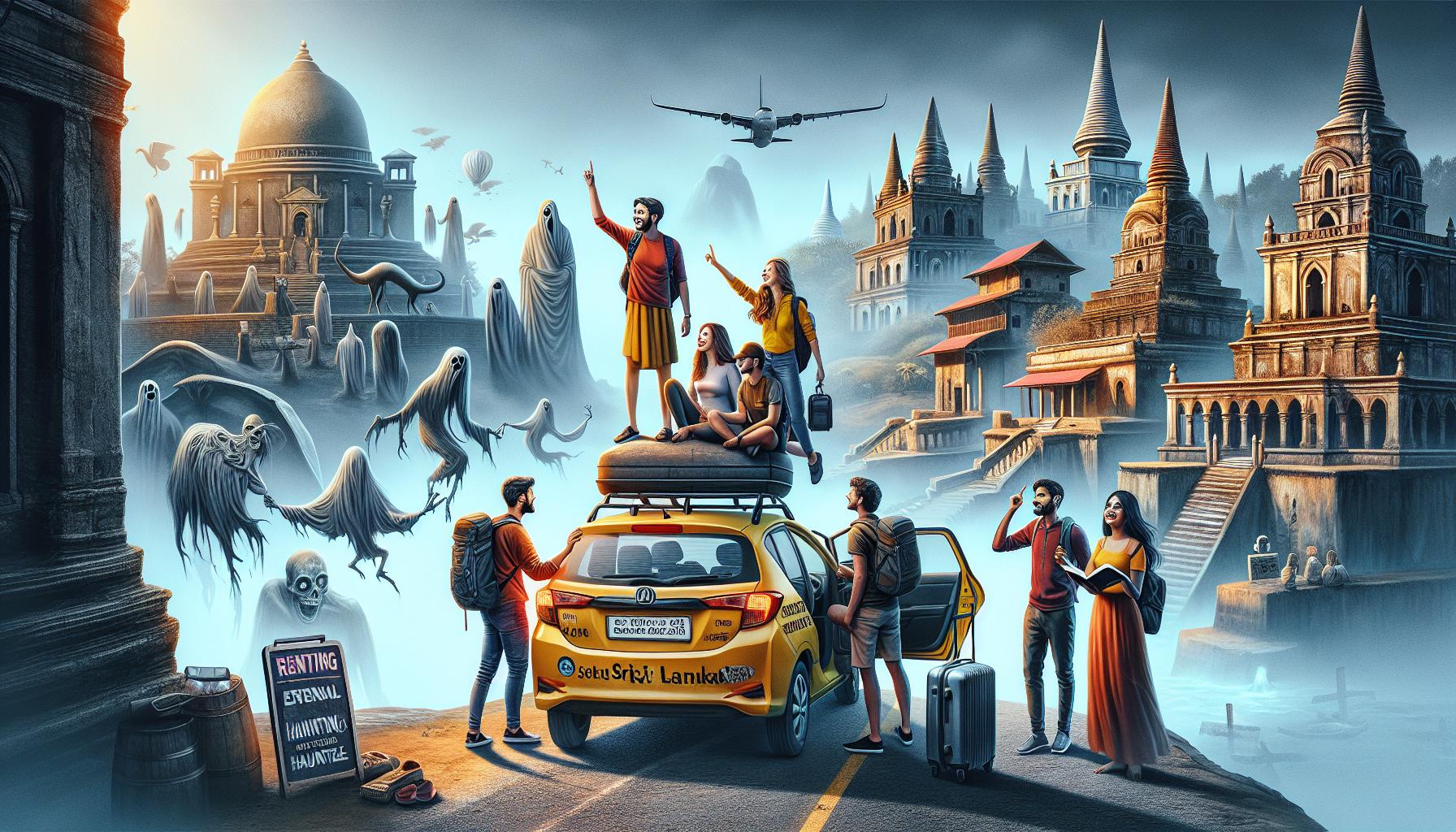 Ghostly Adventure in a Mystical Landscape with Travelers and a Yellow Car