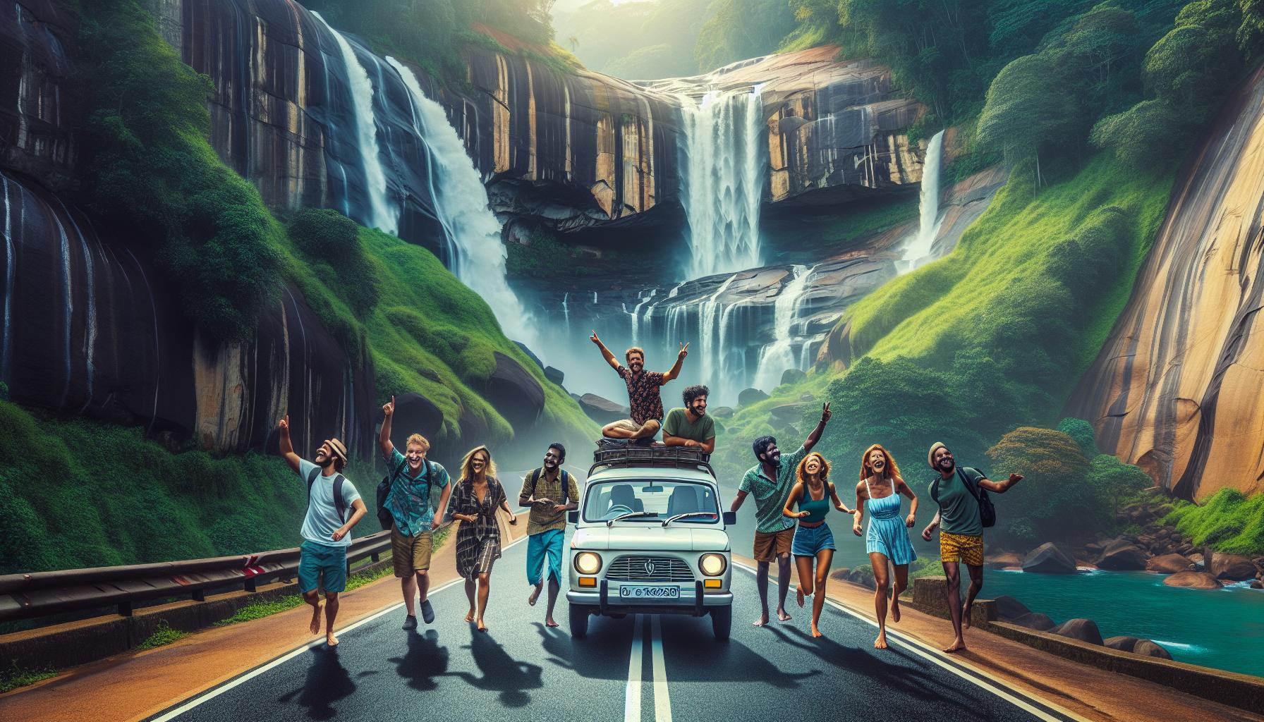 Group of friends celebrating near a vintage car with waterfalls and lush greenery in the background