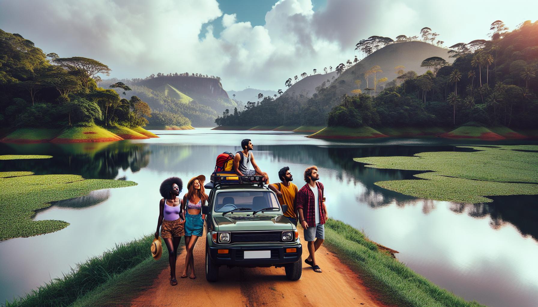 Group of friends enjoying a road trip by a serene lake in a lush green landscape