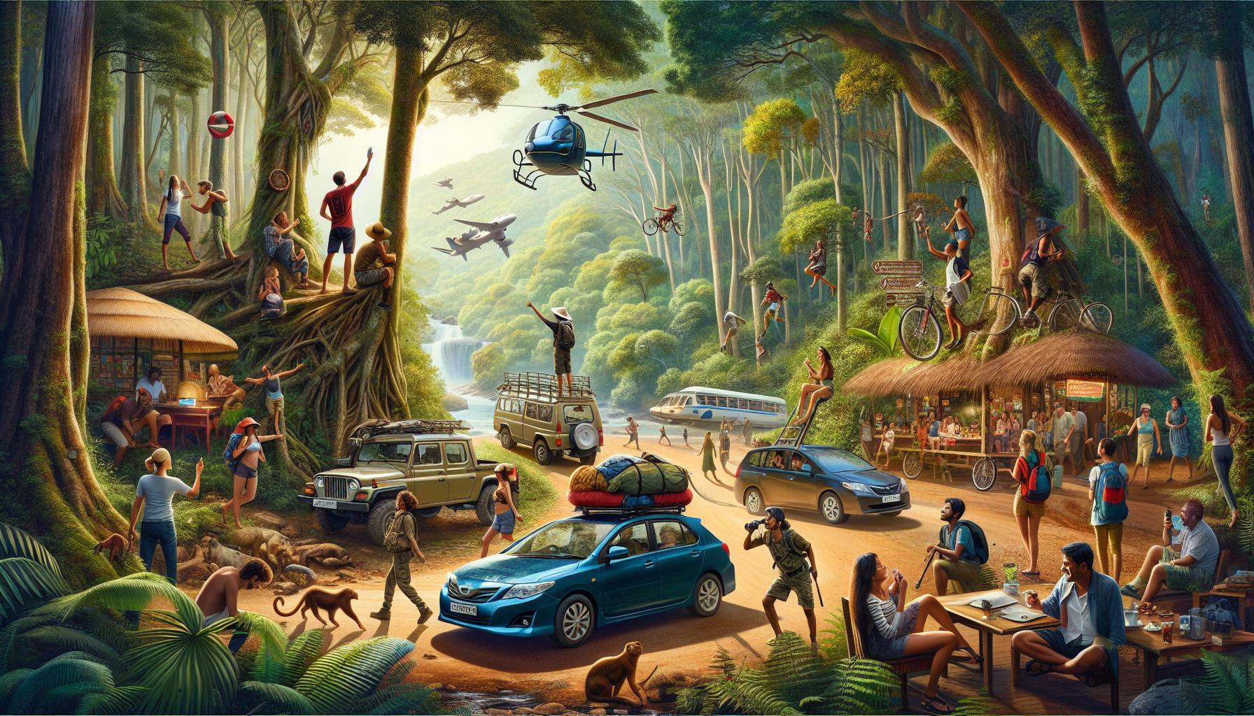 Jungle Adventure Scene with Tourists, Vehicles, and Activities