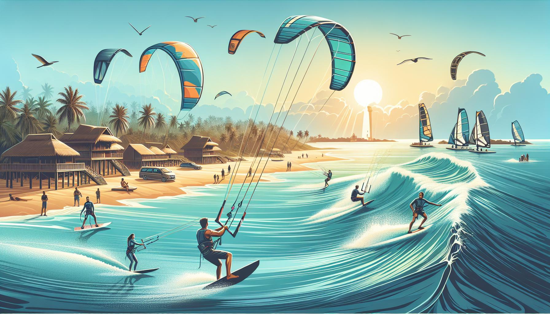 Kiteboarding and Surfing at Sunset on a Tropical Beach