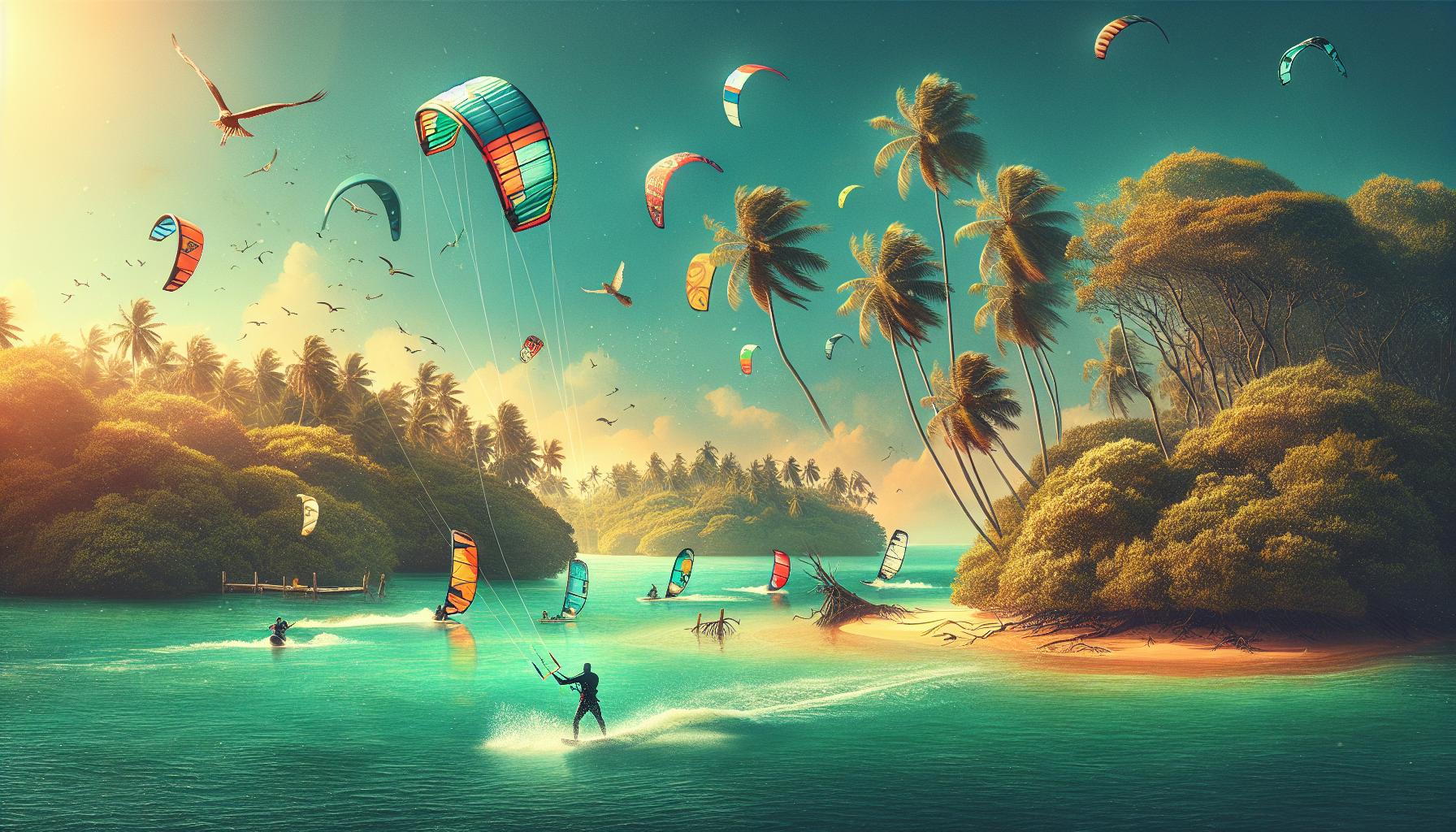 Kitesurfing in a Tropical Paradise at Sunset