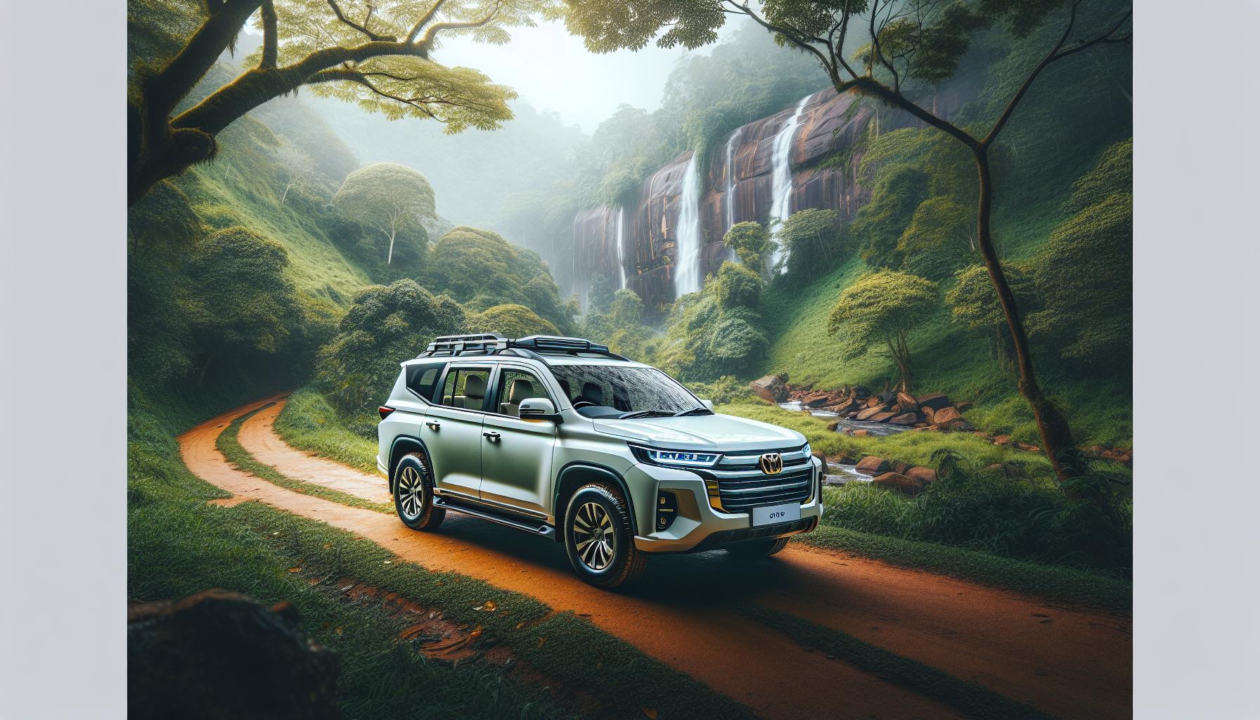 Modern SUV parked on a scenic forest road with a waterfall backdrop