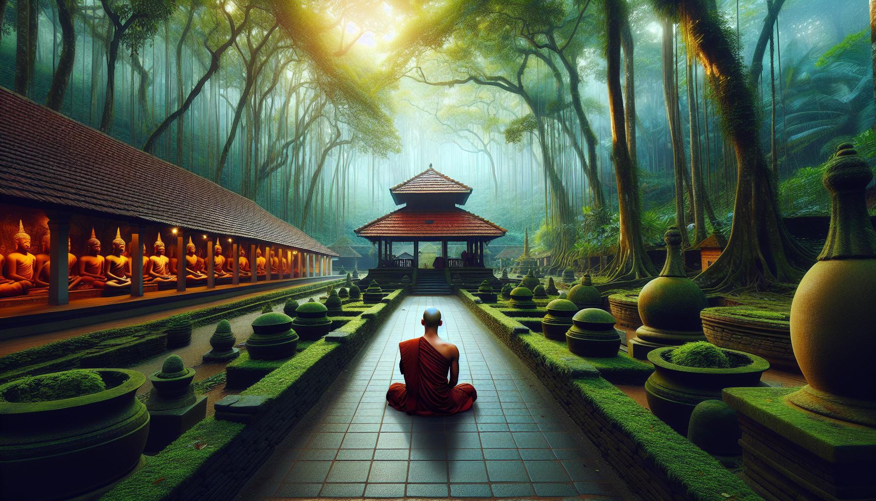 Monk meditating in serene forest temple setting