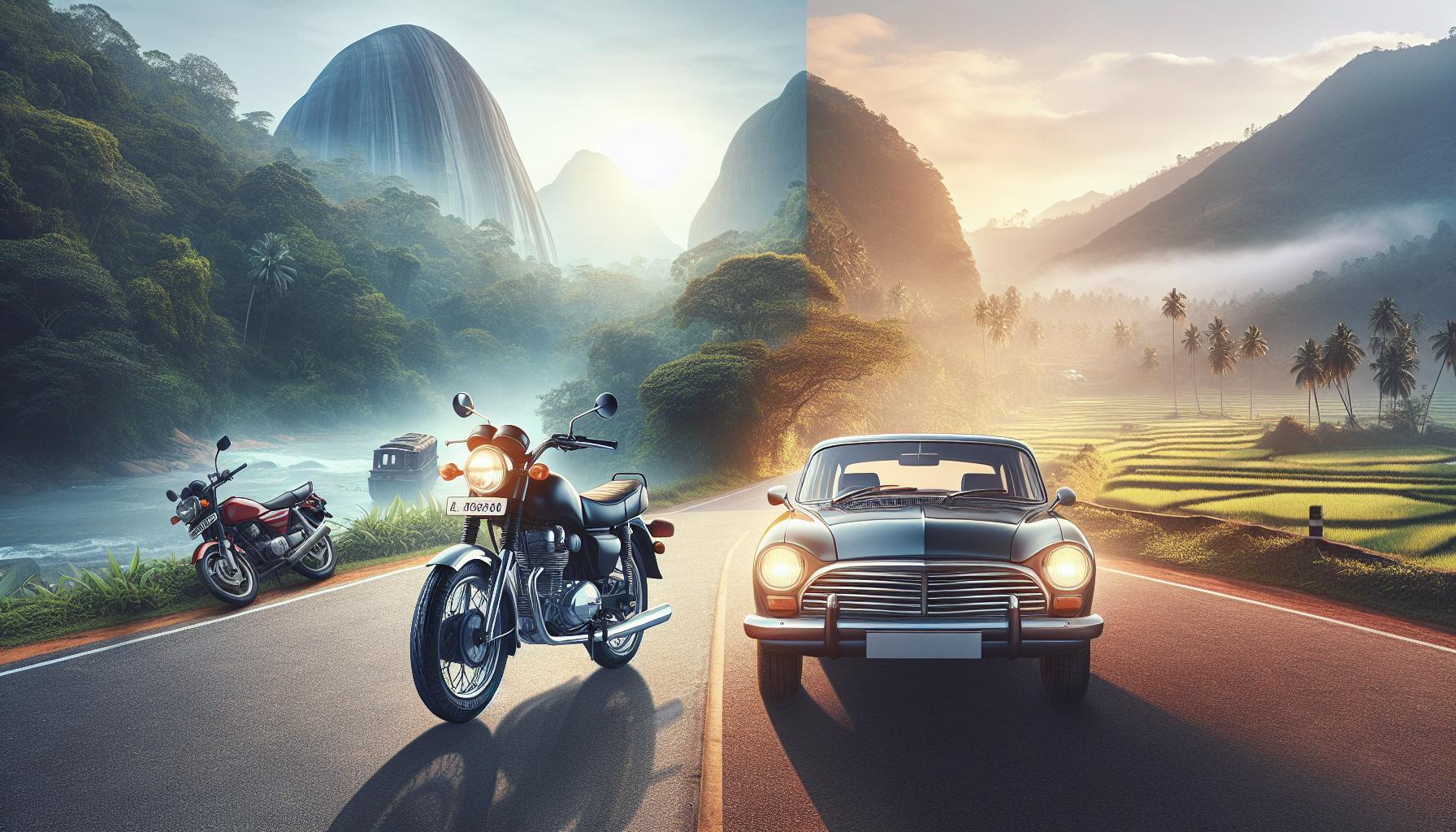 Motorcycle and Classic Car on Scenic Road in Nature