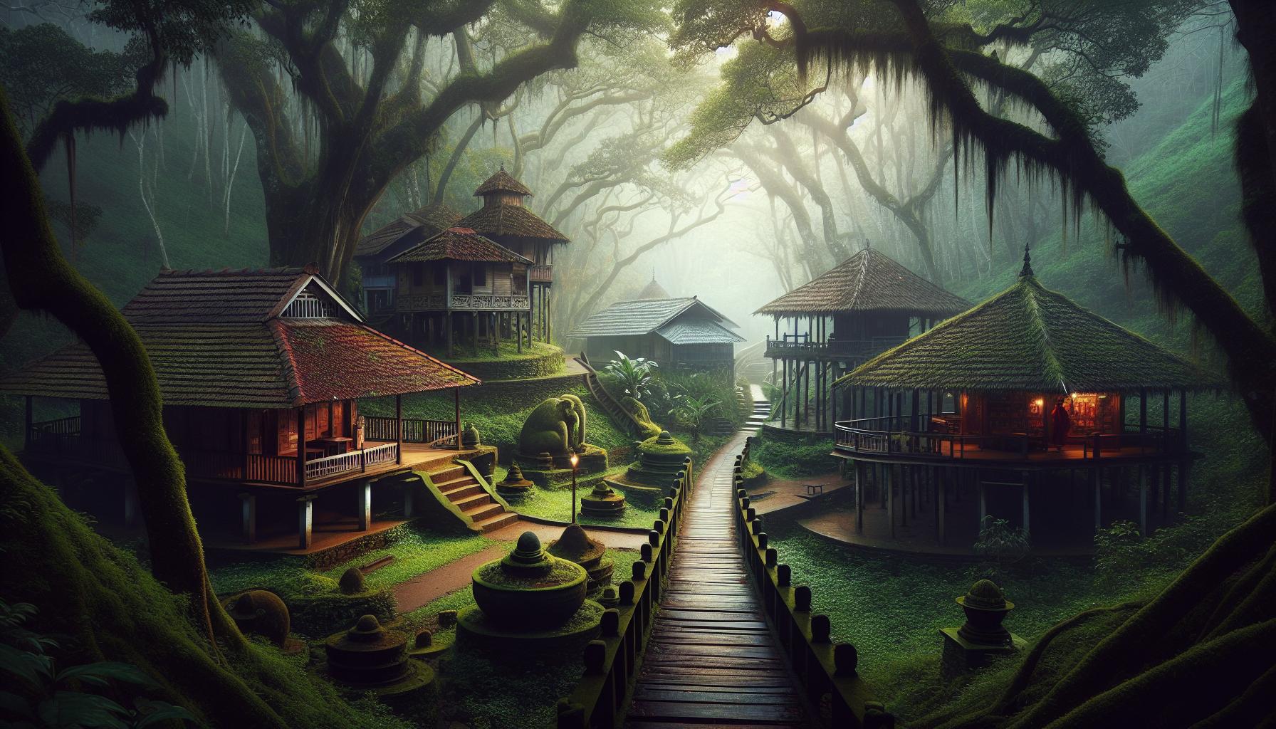 Mystical forest village with traditional wooden houses and lush greenery