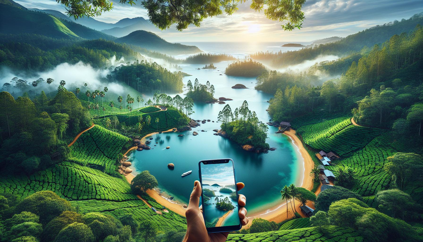 Nature's Serenity: A Hand Holding a Smartphone Capturing Scenic Landscape of Lush Green Tea Plantations and Tranquil Waters at Sunrise