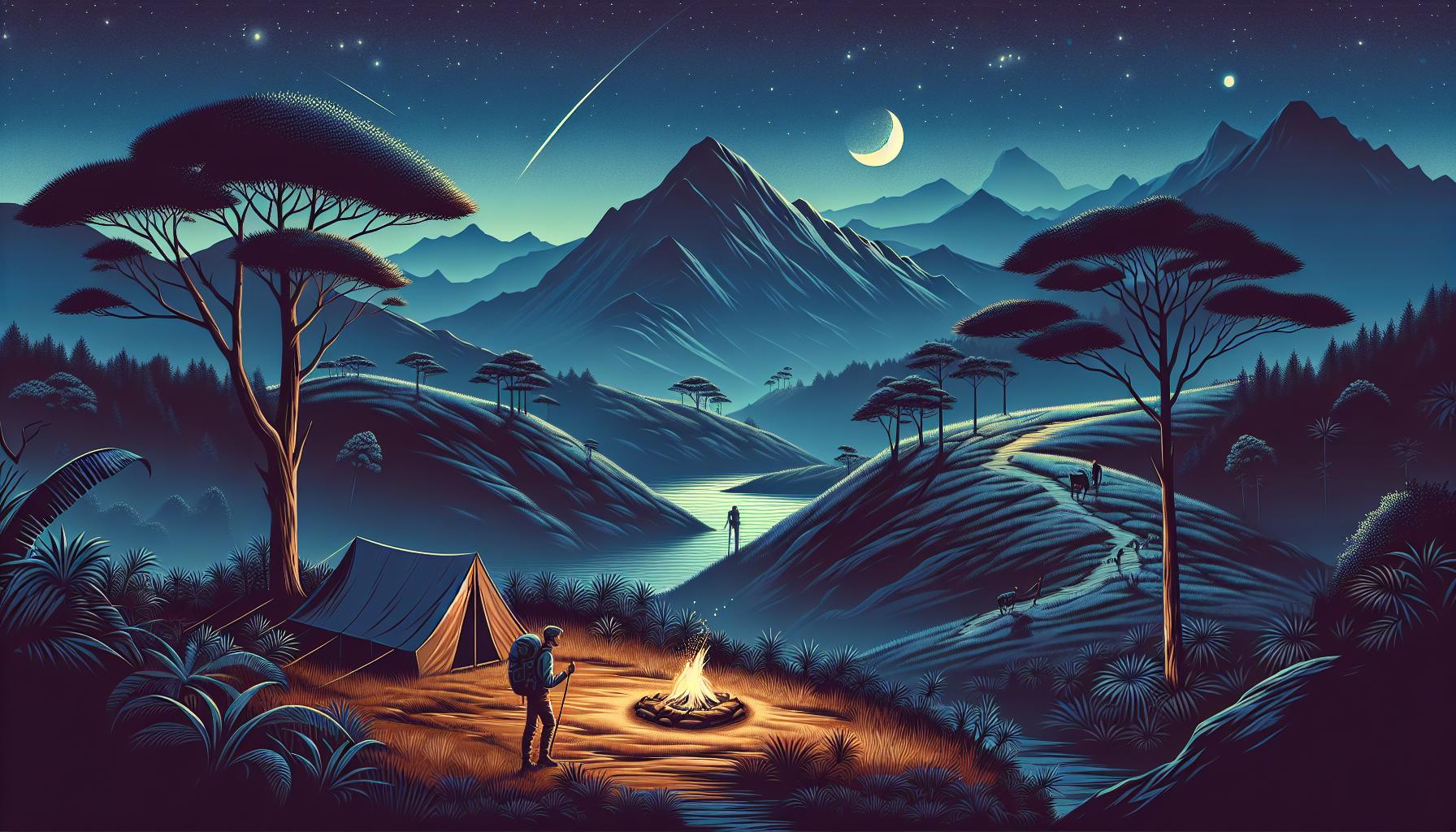 Nighttime Camping Scene with Mountains and Stars
