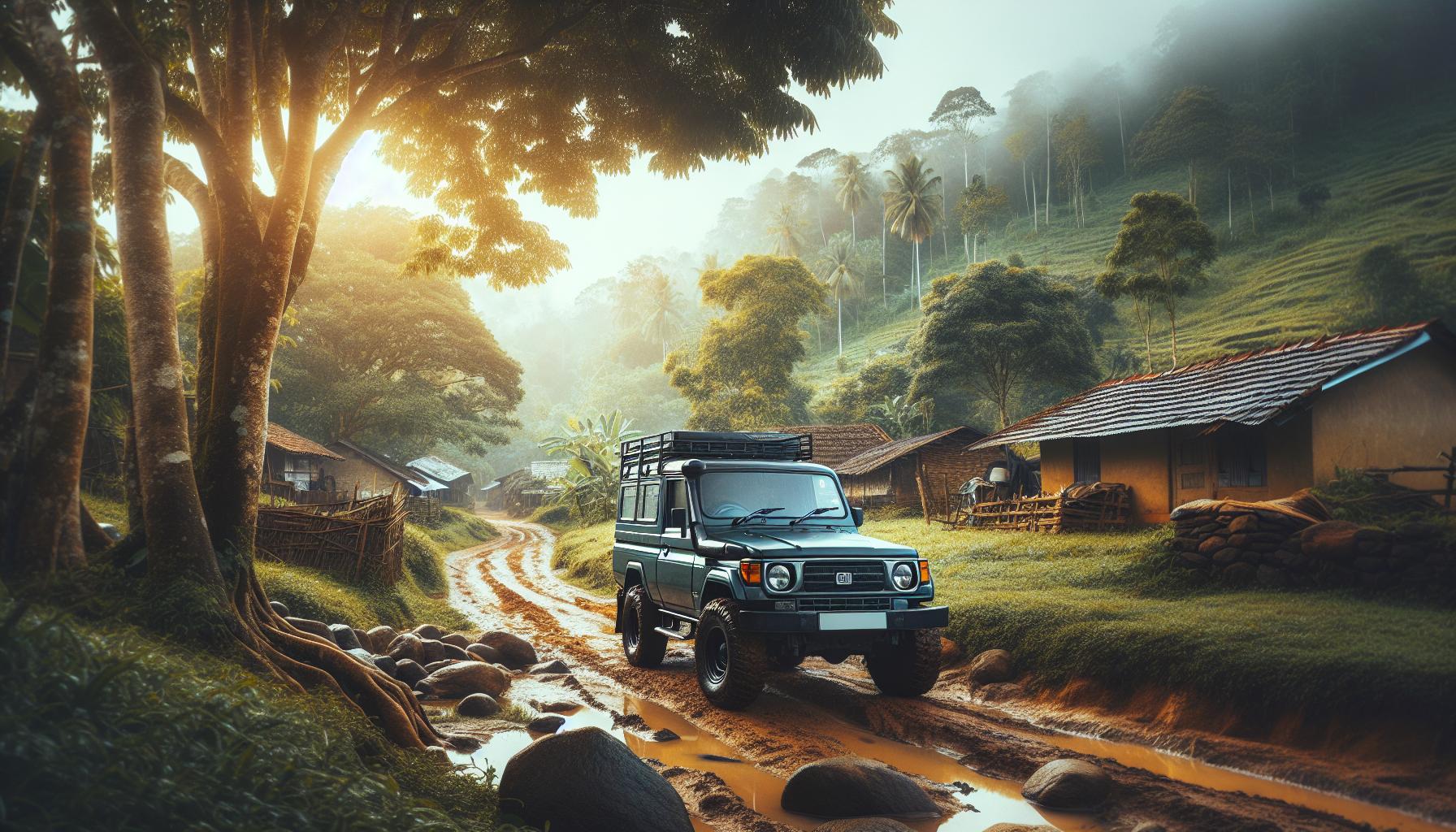 Off-Road Vehicle on a Muddy Path Surrounded by Lush Greenery and Village Houses