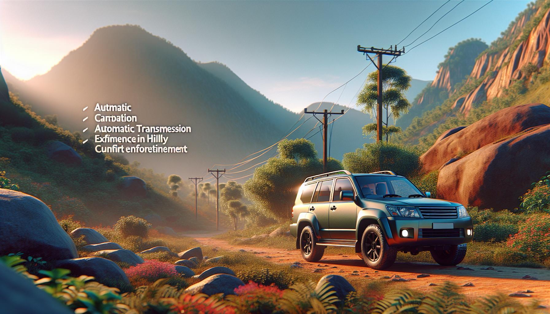 Off-road SUV in a scenic mountainous landscape with design features listed