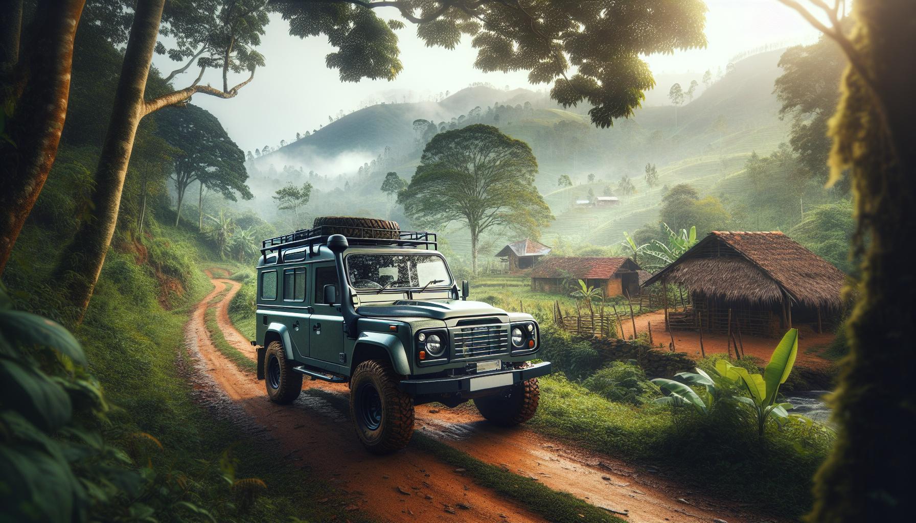 Off-road vehicle navigating a scenic mountain path in a lush rural landscape