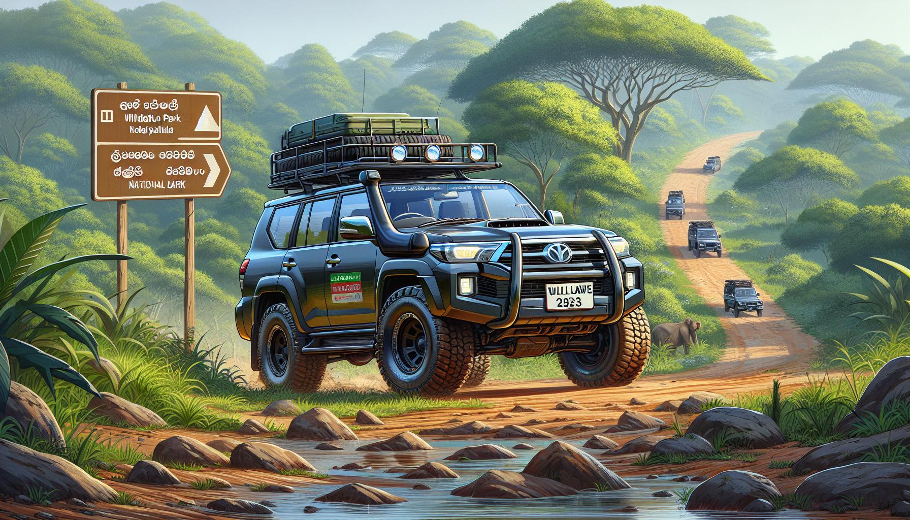 Off-road vehicle navigating through tropical landscape with signpost for national park
