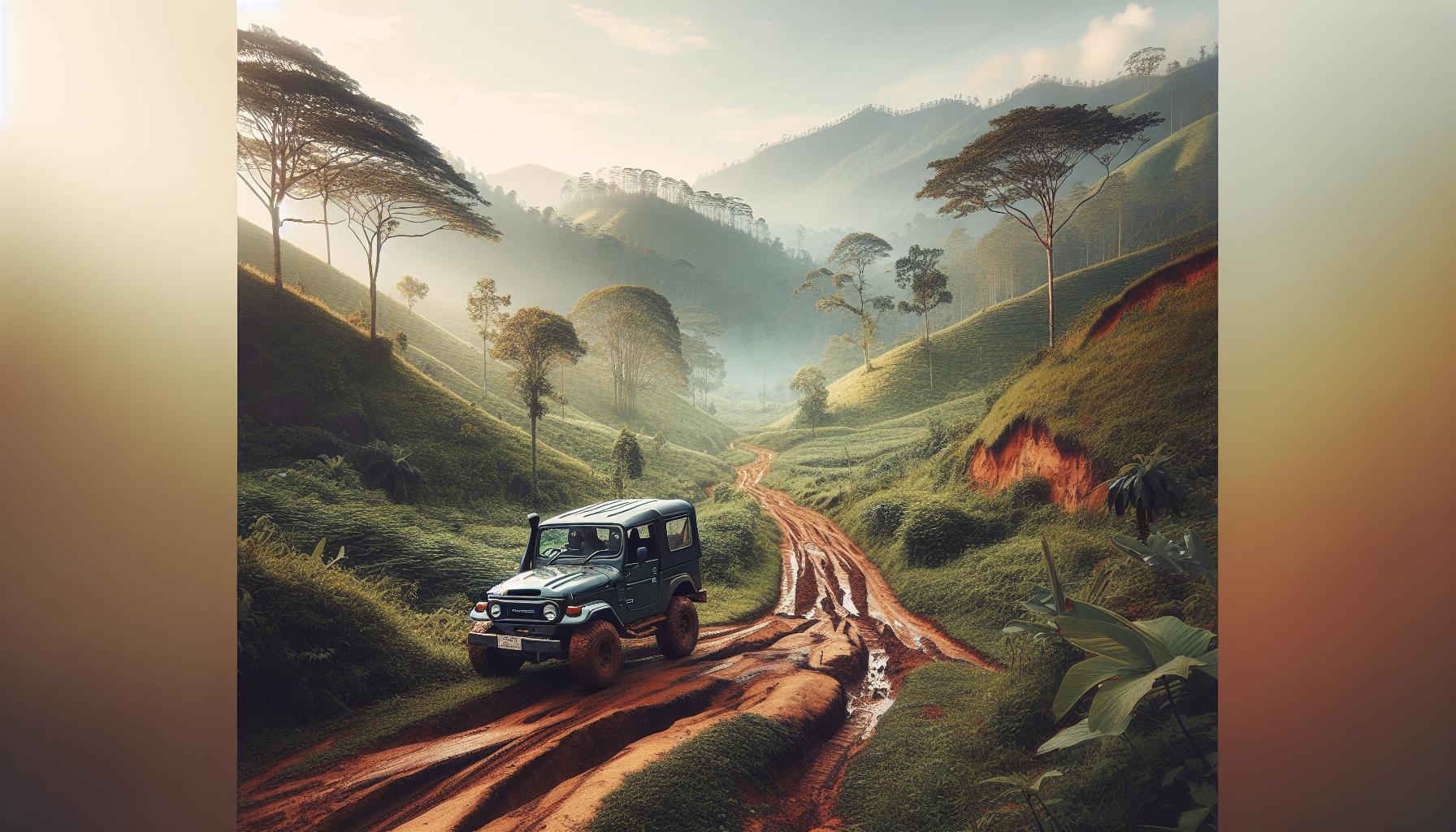 Off-road vehicle on a muddy trail surrounded by lush hills and trees