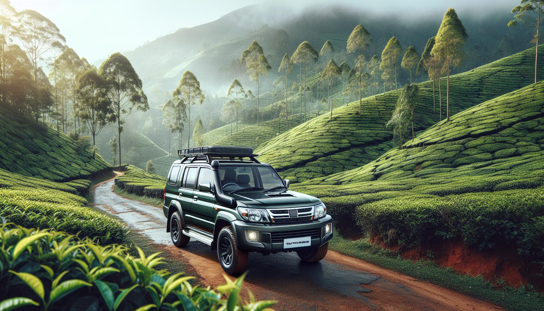 Off-road vehicle parked in a scenic tea plantation landscape