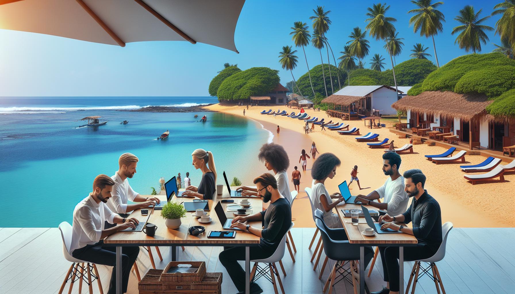Remote Work at a Beachside Café with Palm Trees