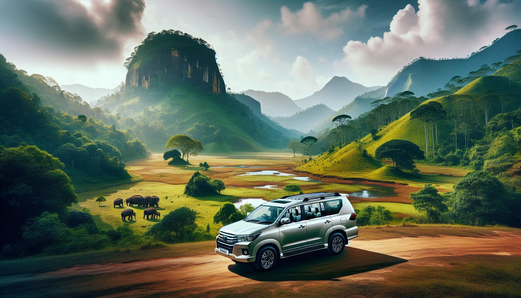 SUV in Lush Green Landscape with Elephants and Mountains