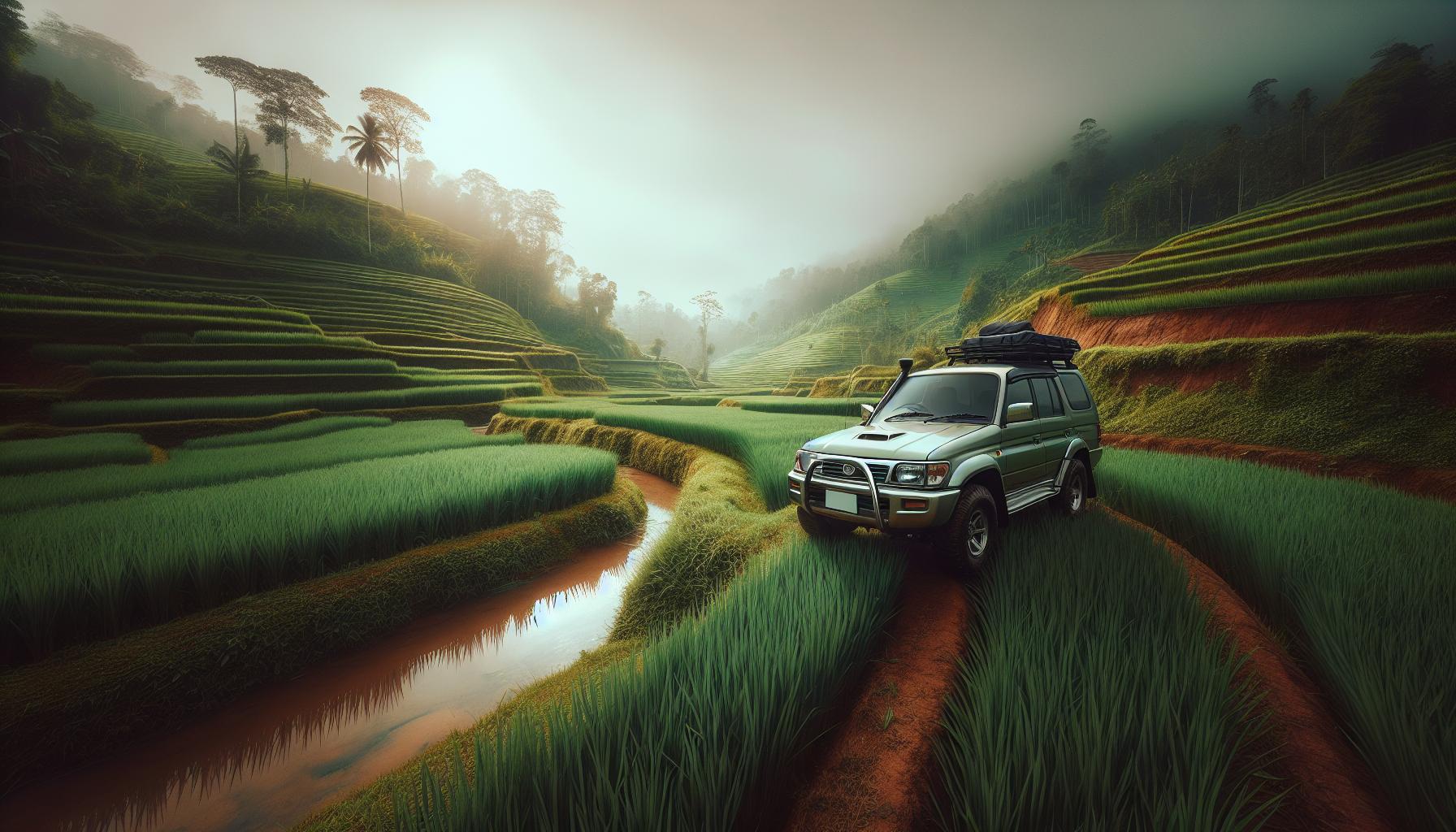 SUV in Lush Rice Terraces at Sunrise