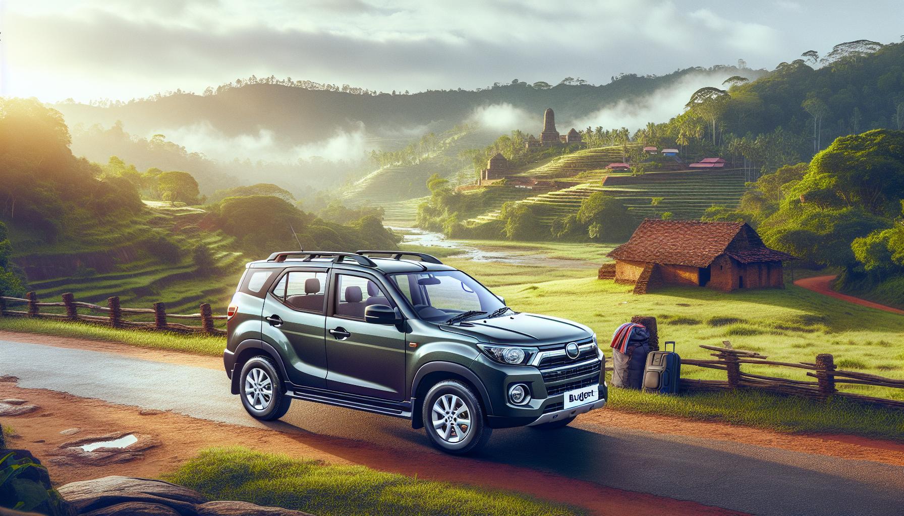 SUV in Scenic Landscape with Lush Greenery and Traditional Cottages
