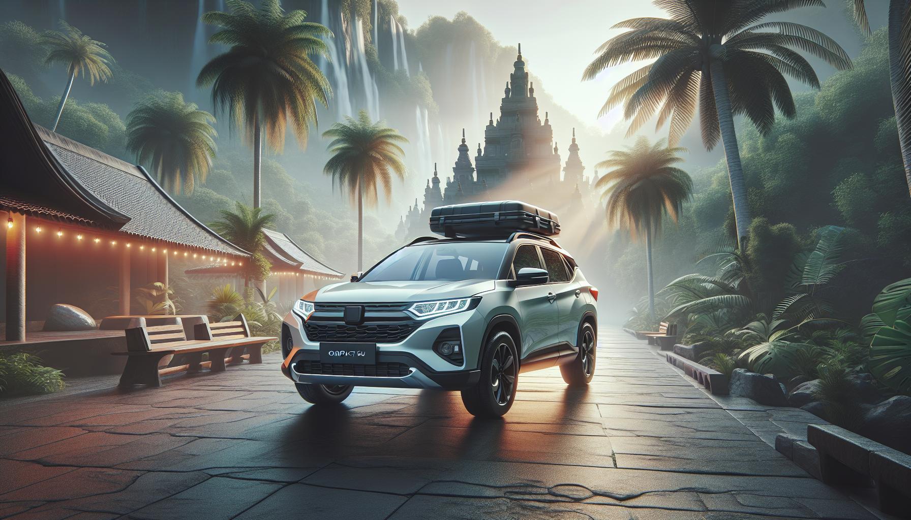 SUV in a tropical landscape with a temple backdrop and palm trees
