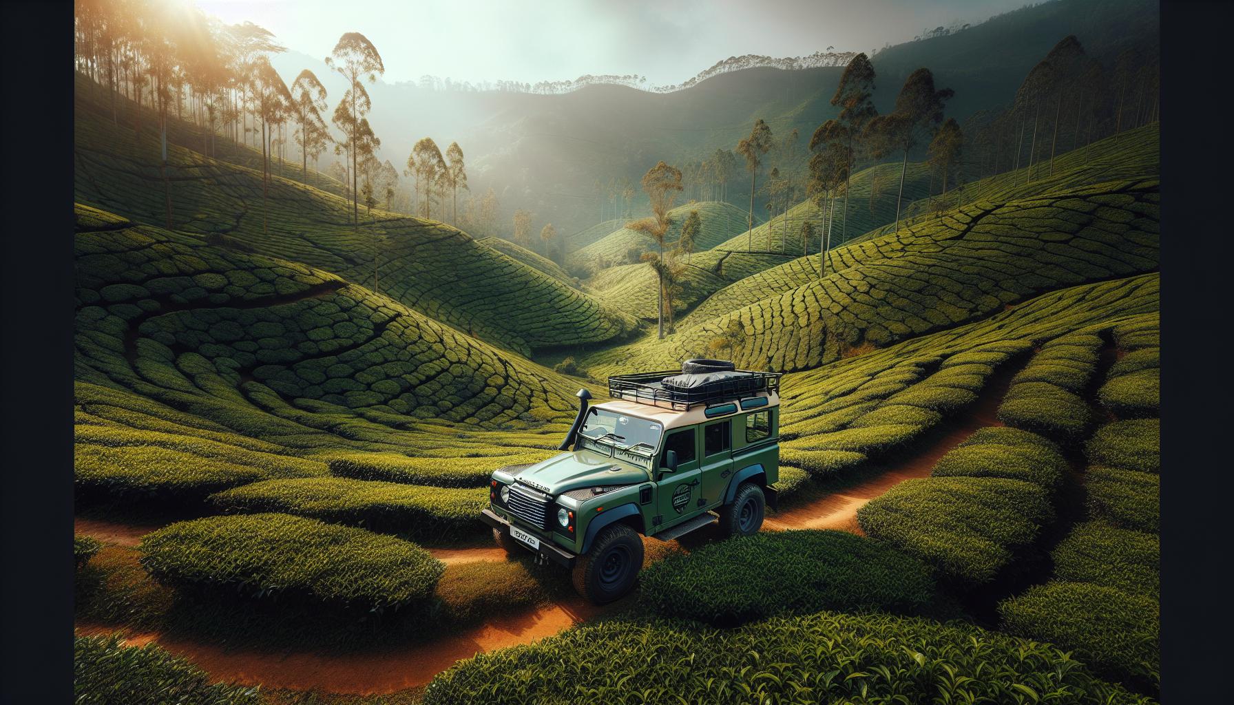 SUV in lush tea plantation landscape at sunrise
