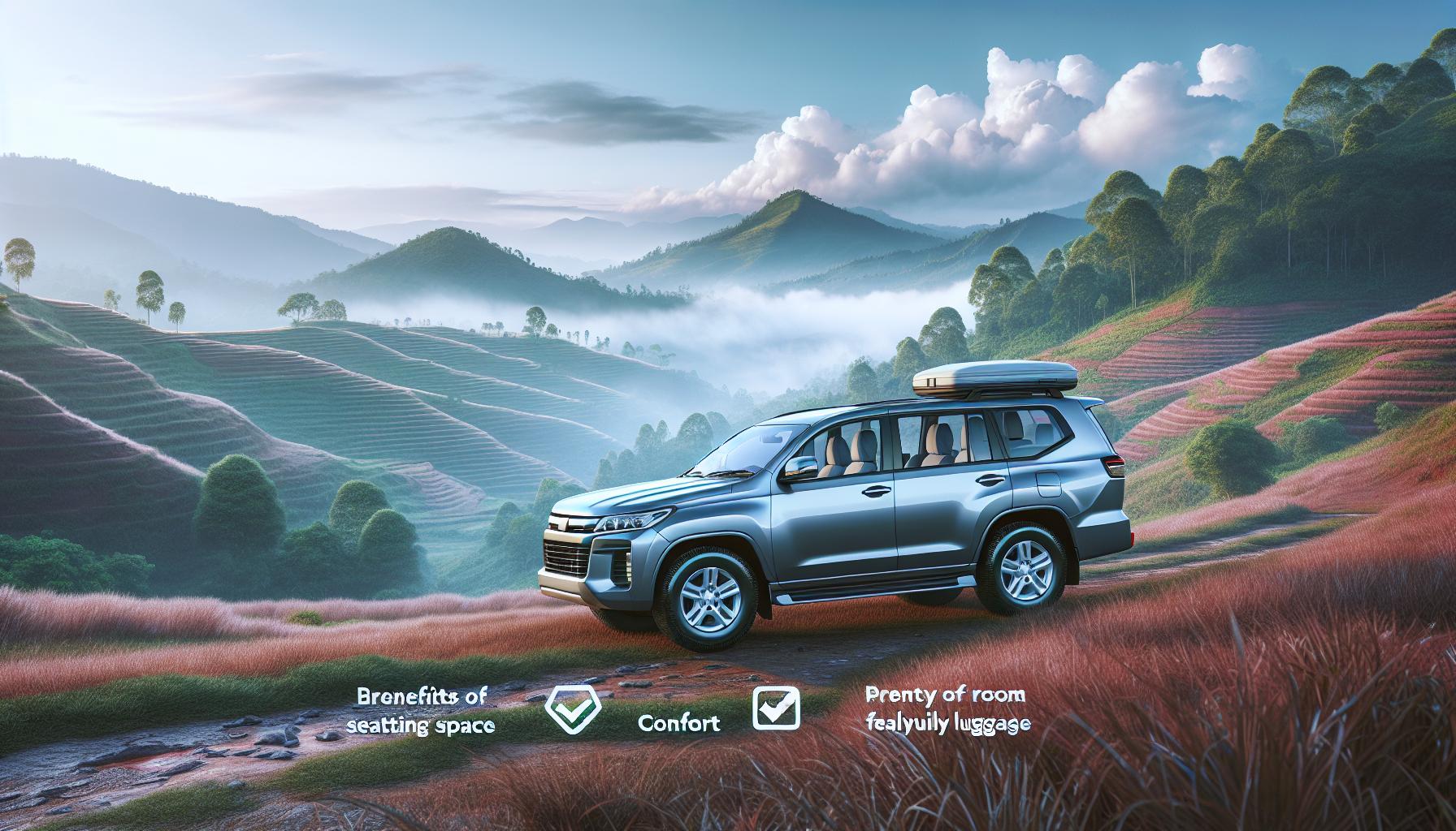SUV in scenic landscape highlighting spacious seating and comfort features