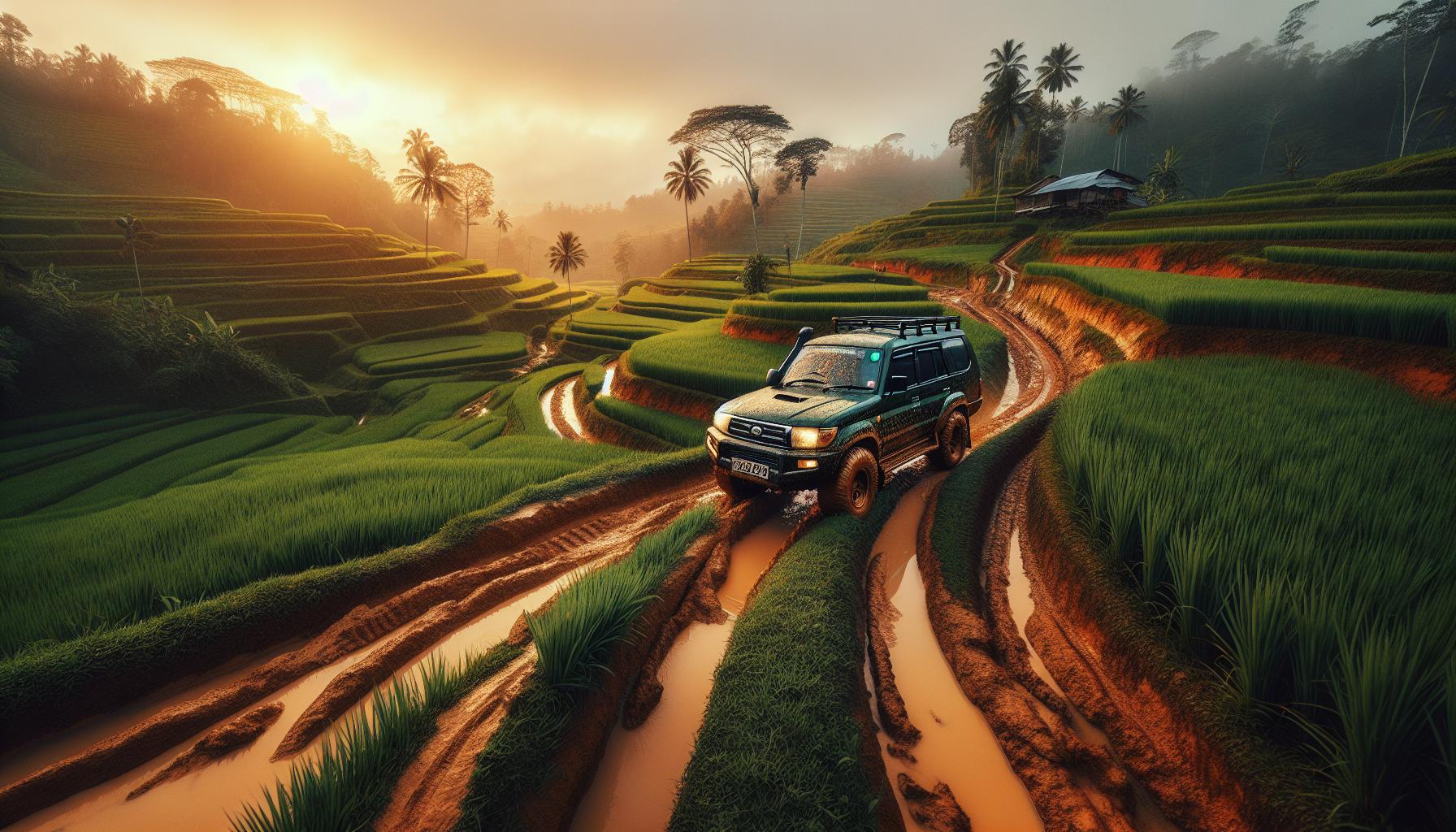 SUV navigating through lush rice terraces at sunrise