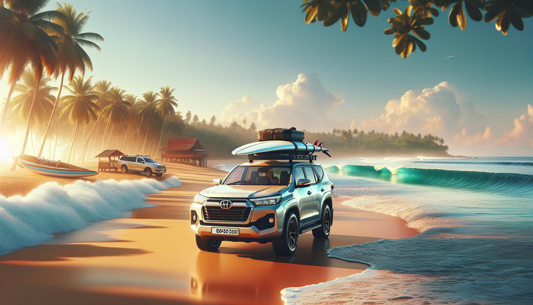 SUV on Beach with Surfboard and Palm Trees at Sunset