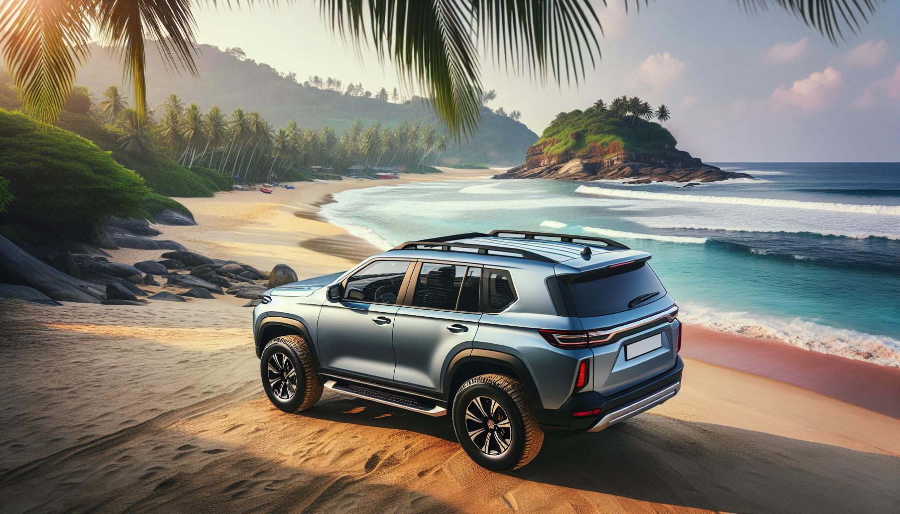 SUV on a Beach with Palm Trees and Waves in the Background