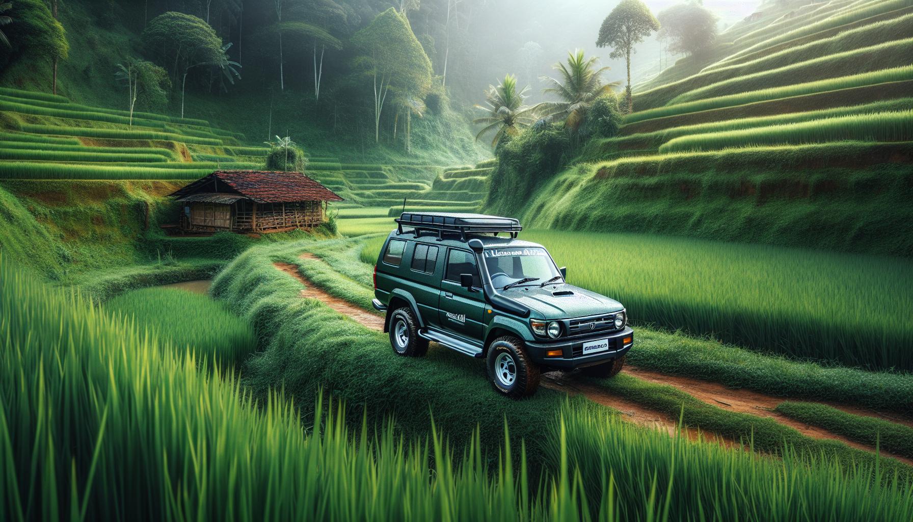 SUV on a dirt road through lush green rice terraces and a wooden hut in the background