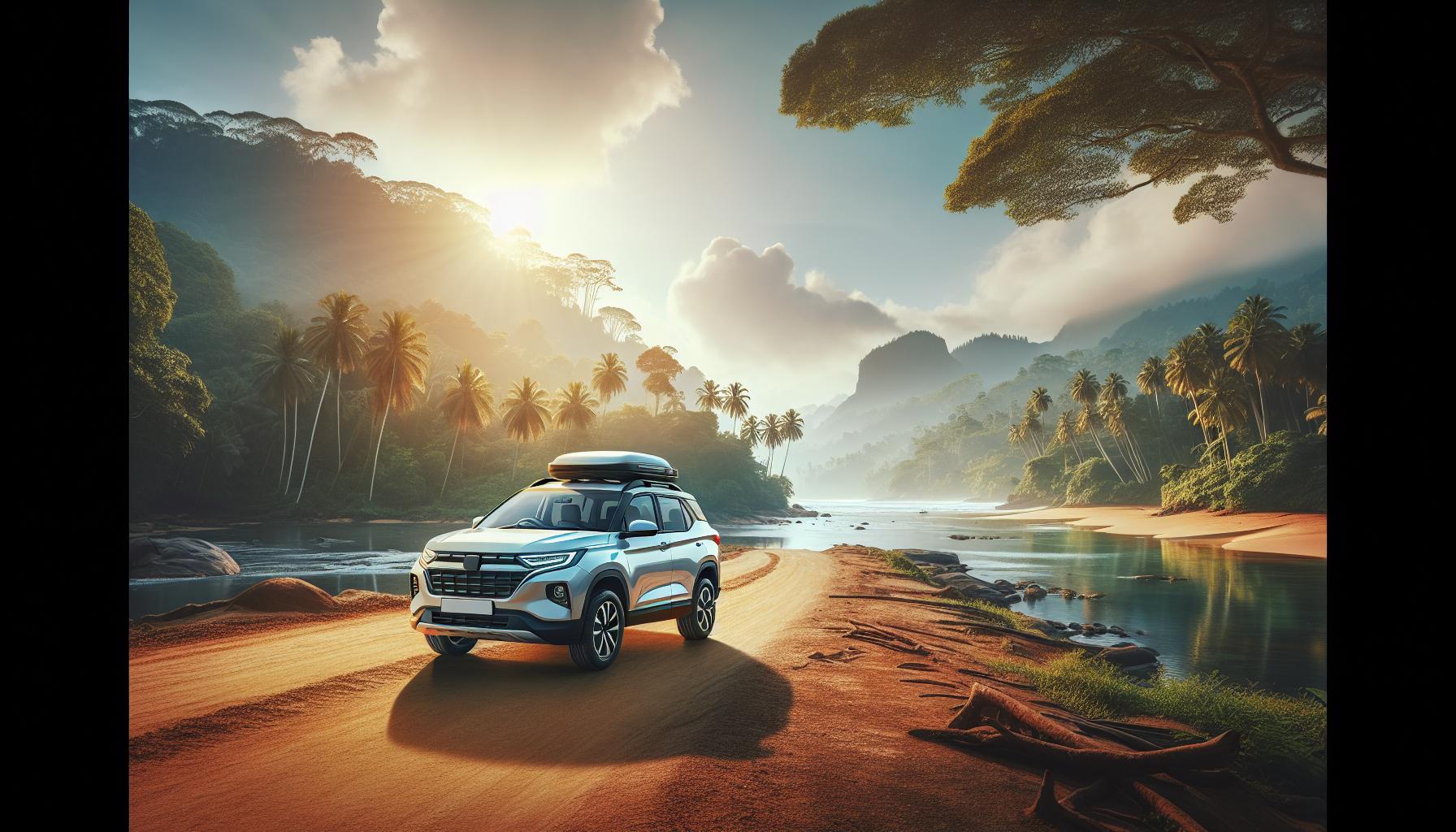 SUV on a scenic dirt road by a river in a lush tropical landscape at sunset
