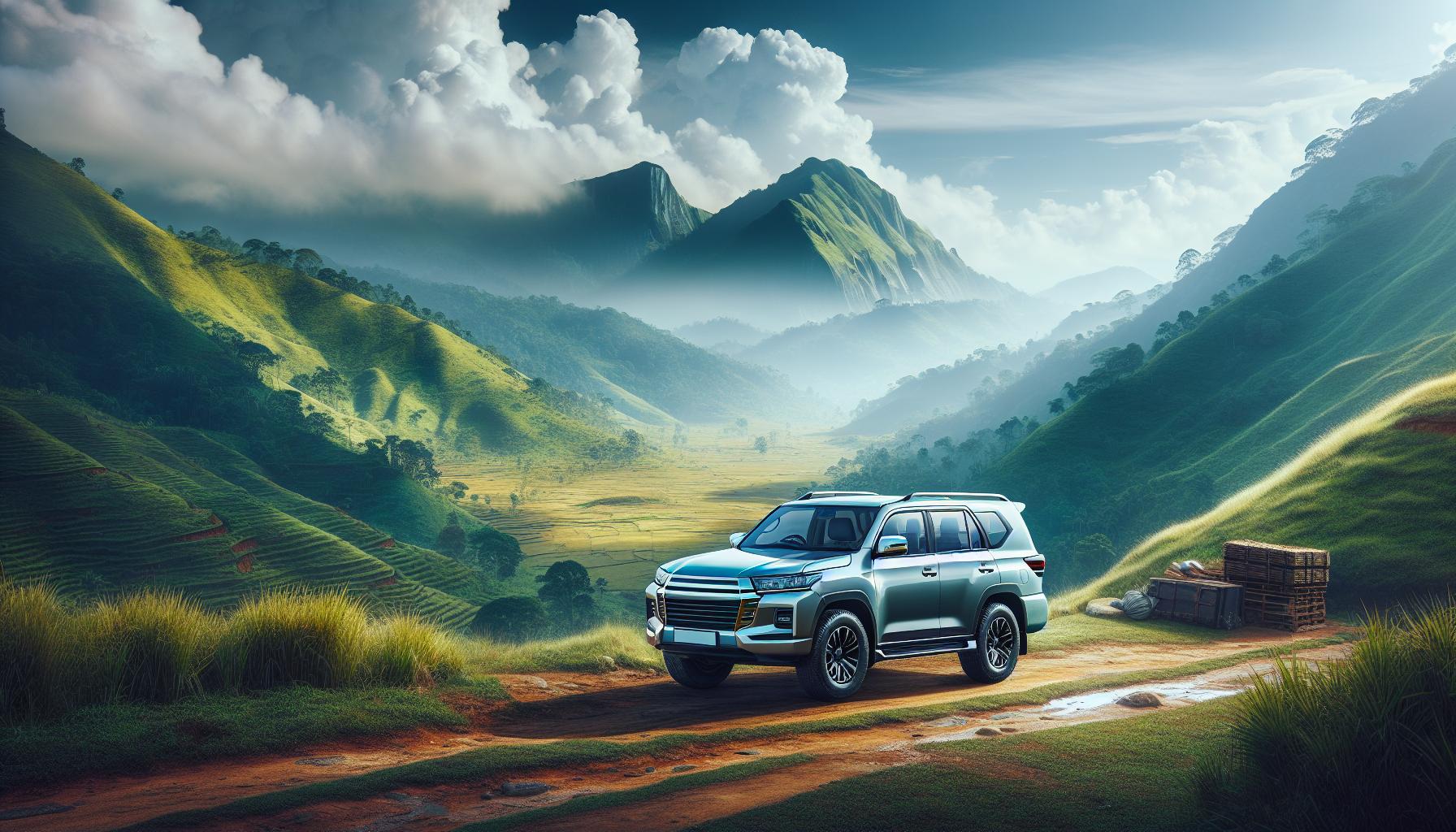 SUV on a scenic mountain road with lush green hills and dramatic clouds
