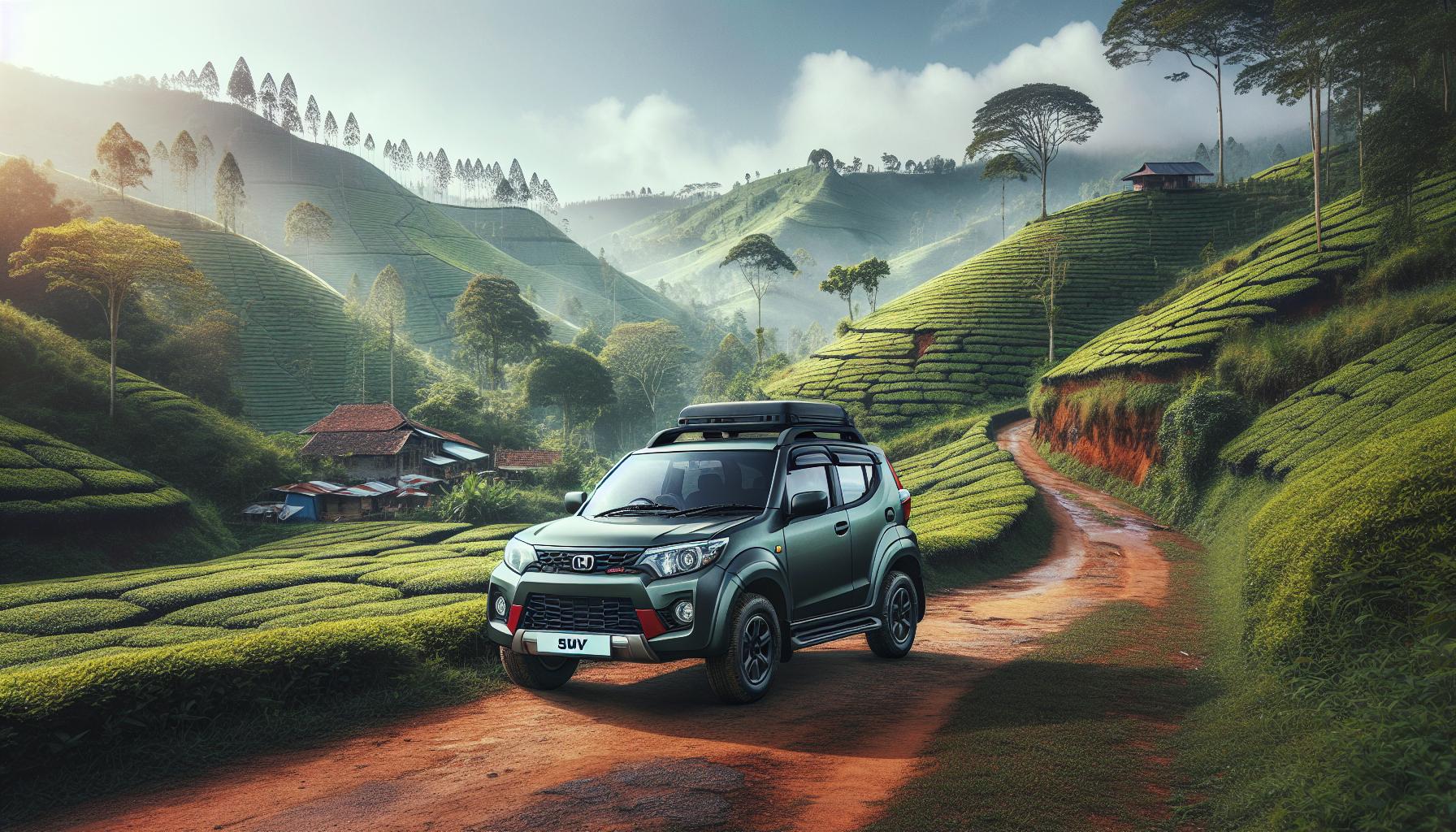 SUV on a scenic tea plantation road