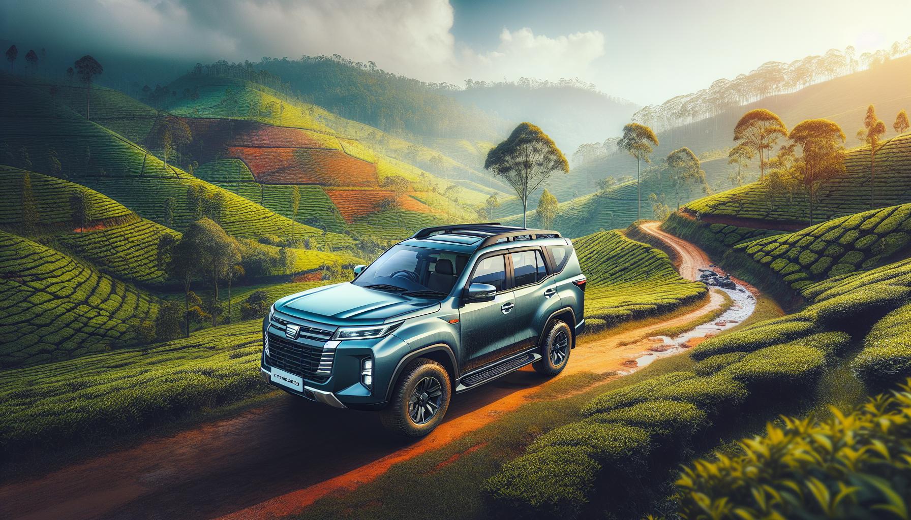 SUV on a winding dirt road through lush tea plantations in a mountainous landscape