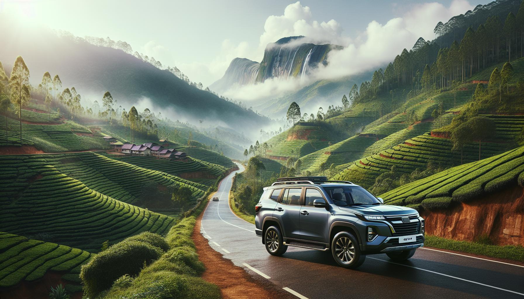 SUV on a winding road through lush green tea plantations and mountains in a scenic landscape
